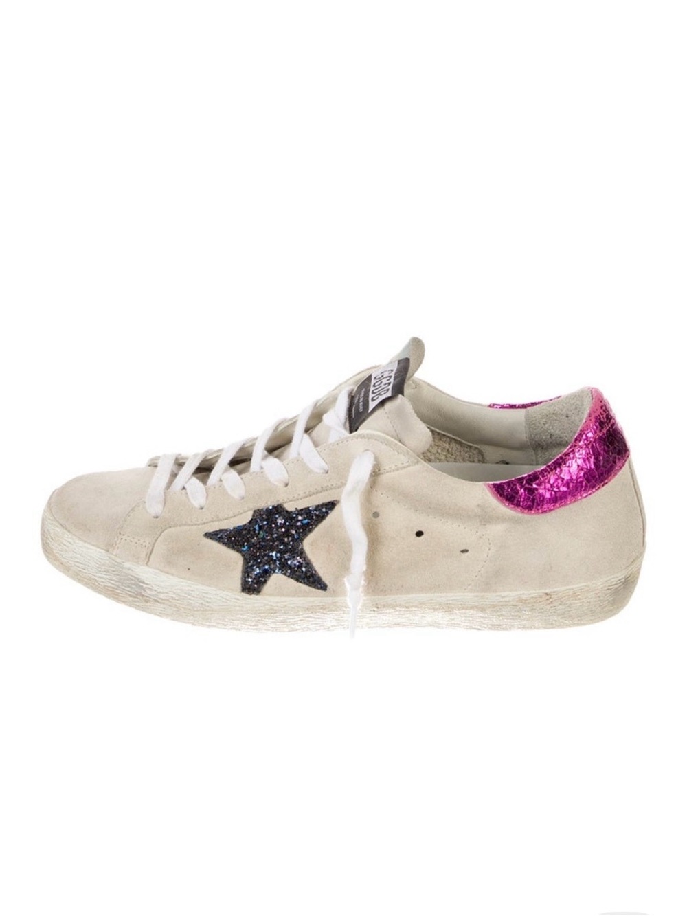 Womens Suede Low-Top Sneaker with Pink Metallic Heel and Black Star